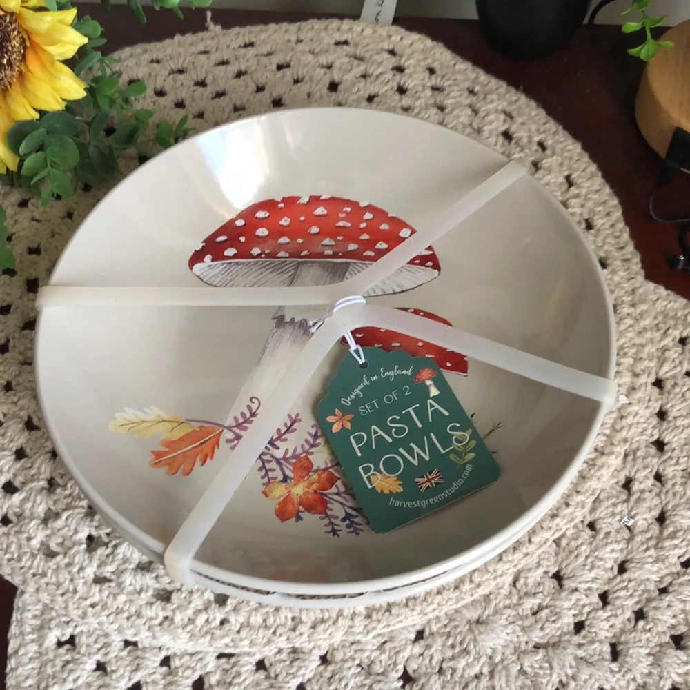 Pasta Bowls with Red Mushroom Design Set of 2